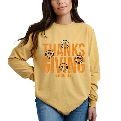 S.W.Smiley Thanksgiving Distressed - Women's Garment Dyed Long Sleeve Graphic T-Shirt