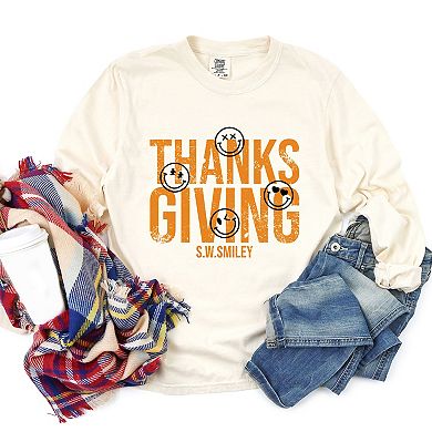 S.W.Smiley Thanksgiving Distressed - Women's Garment Dyed Long Sleeve Graphic T-Shirt