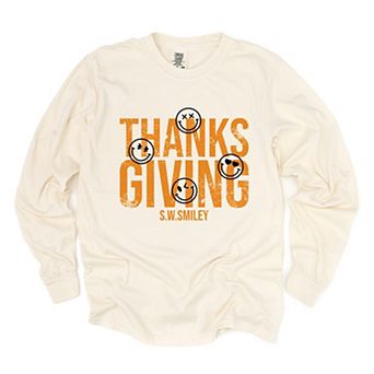 S.W.Smiley Thanksgiving Distressed - Women's Garment Dyed Long Sleeve Graphic T-Shirt