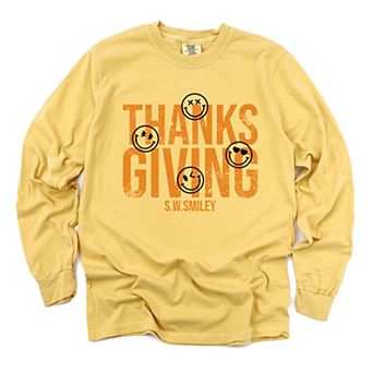 S.W.Smiley Thanksgiving Distressed - Women's Garment Dyed Long Sleeve Graphic T-Shirt