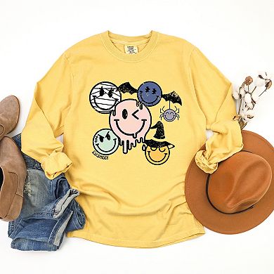 S.W.Smiley Halloween Smileys - Women's Garment Dyed Long Sleeve Graphic T-Shirt