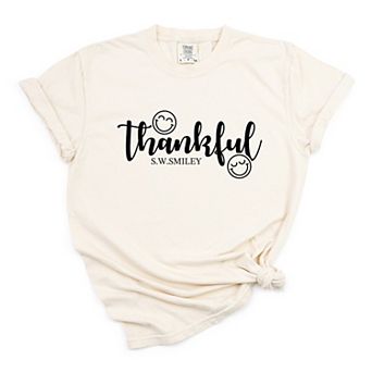 S.W.Smiley Thankful Cursive - Women's Garment Dyed Graphic T-Shirt