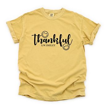 S.W.Smiley Thankful Cursive - Women's Garment Dyed Graphic T-Shirt