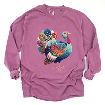 Turkey Patchwork Print - Women's Garment Dyed Long Sleeve Graphic T-Shirt