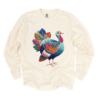 Turkey Patchwork Print - Women's Garment Dyed Long Sleeve Graphic T-Shirt