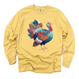 Turkey Patchwork Print - Women's Garment Dyed Long Sleeve Graphic T-Shirt