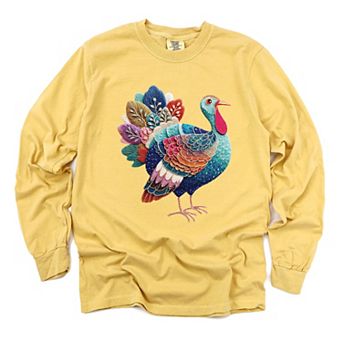 Turkey Patchwork Print - Women's Garment Dyed Long Sleeve Graphic T-Shirt