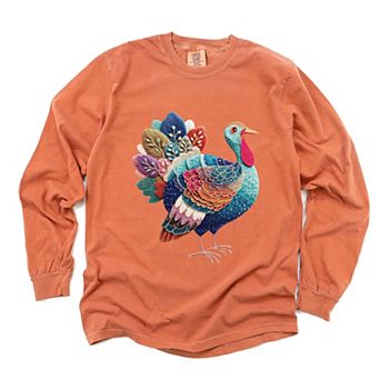 Turkey Patchwork Print - Women's Garment Dyed Long Sleeve Graphic T-Shirt