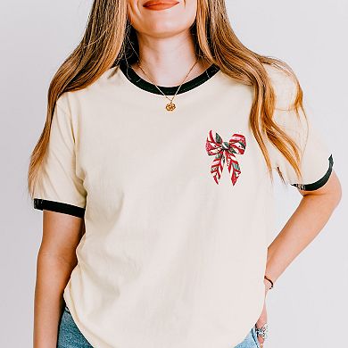 Christmas Bow Quilted Print - Women's Ringer Graphic T-Shirt