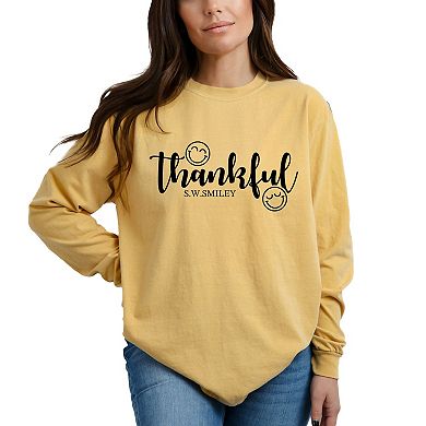 S.W.Smiley Thankful Cursive - Women's Garment Dyed Long Sleeve Graphic T-Shirt