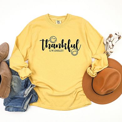 S.W.Smiley Thankful Cursive - Women's Garment Dyed Long Sleeve Graphic T-Shirt