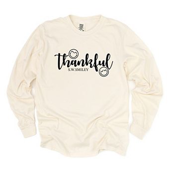 S.W.Smiley Thankful Cursive - Women's Garment Dyed Long Sleeve Graphic T-Shirt