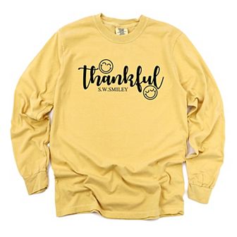 S.W.Smiley Thankful Cursive - Women's Garment Dyed Long Sleeve Graphic T-Shirt
