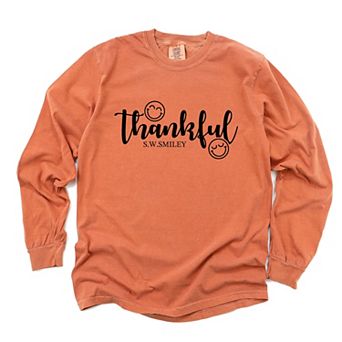 S.W.Smiley Thankful Cursive - Women's Garment Dyed Long Sleeve Graphic T-Shirt