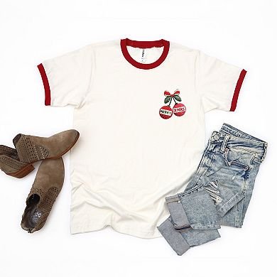 Merry Xmas Ornament Quilted Print - Women's Ringer Graphic T-Shirt