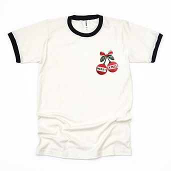 Merry Xmas Ornament Quilted Print - Women's Ringer Graphic T-Shirt