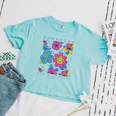 S.W.Smiley Sunshine State of Mind Floral - Women's Boxy Crop Top Graphic T-Shirt