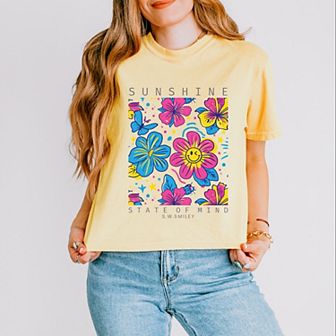 S.W.Smiley Sunshine State of Mind Floral - Women's Boxy Crop Top Graphic T-Shirt