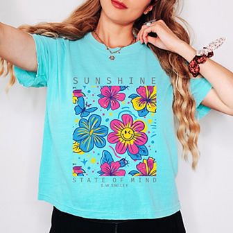 S.W.Smiley Sunshine State of Mind Floral - Women's Boxy Crop Top Graphic T-Shirt