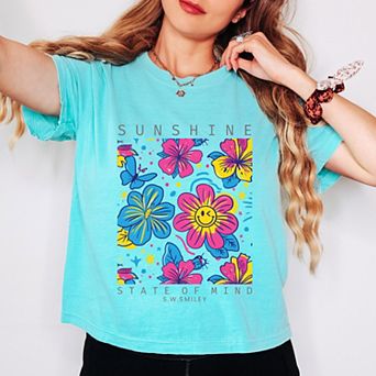 S.W.Smiley Sunshine State of Mind Floral - Women's Boxy Crop Top Graphic T-Shirt