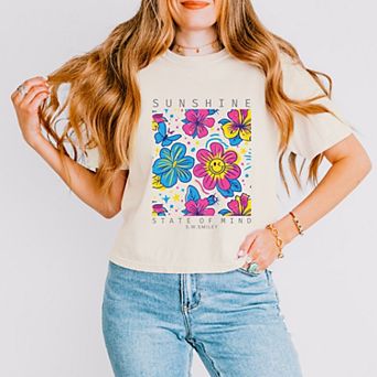 S.W.Smiley Sunshine State of Mind Floral - Women's Boxy Crop Top Graphic T-Shirt