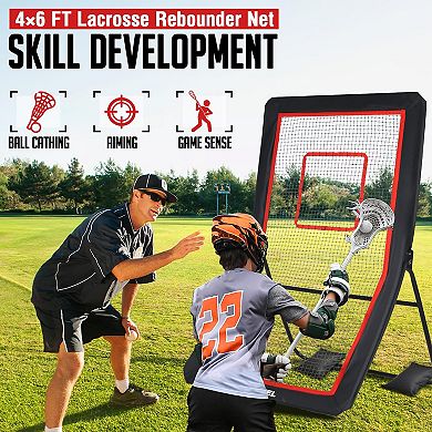 Lacrosse Rebounder 4x7FT with 5 Angles, Target Strip & Net for Lax, Soccer, Baseball Practice