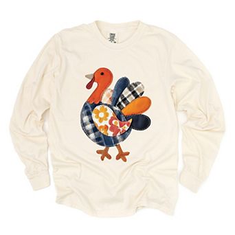 Plaid Turkey Patchwork Print - Women's Garment Dyed Long Sleeve Graphic T-Shirt