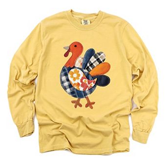Plaid Turkey Patchwork Print - Women's Garment Dyed Long Sleeve Graphic T-Shirt