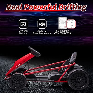 24V Go Kart for Kids 8-12 Years, 300W*2 Extra Powerful Motors
