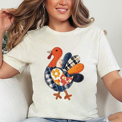Plaid Turkey Patchwork Print - Women's Short Sleeve Graphic T-Shirt
