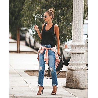 Women's Casual Mid Rise Ripped Distressed Straight Leg Jeans Denim Pants