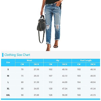Women's Casual Mid Rise Ripped Distressed Straight Leg Jeans Denim Pants