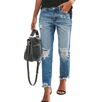 Women's Casual Mid Rise Ripped Distressed Straight Leg Jeans Denim Pants