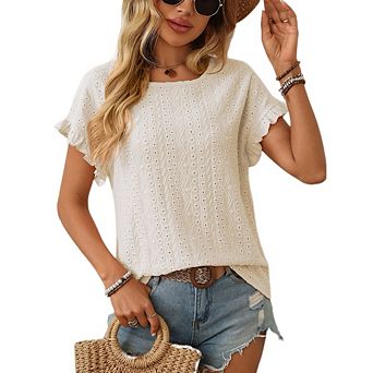 Womens Crewneck Eyelet Ruffle Sleeve Blouses Casual Babydoll Shirts Summer Beach Vacation Clothes