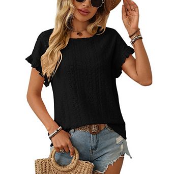 Womens Crewneck Eyelet Ruffle Sleeve Blouses Casual Babydoll Shirts Summer Beach Vacation Clothes