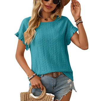 Womens Crewneck Eyelet Ruffle Sleeve Blouses Casual Babydoll Shirts Summer Beach Vacation Clothes