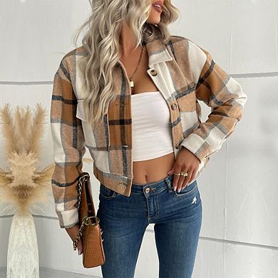 Jackets for Women Cropped Shacket Plaid Button Down Shirt Long Sleeve Flannel Coat with Pocketes