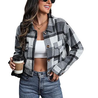 Jackets for Women Cropped Shacket Plaid Button Down Shirt Long Sleeve Flannel Coat with Pocketes