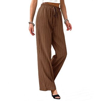 Womens Elastic Waist Wide Leg Palazzo Pants Striped Loose Fit Casual Work Trousers with Drawstring