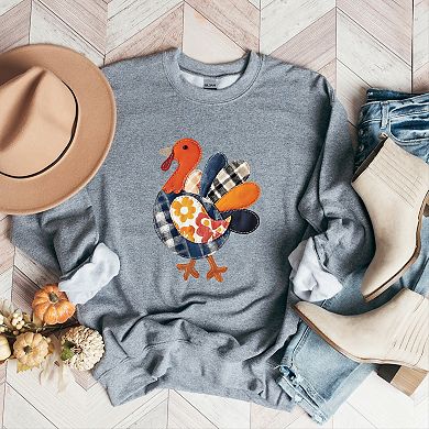 Plaid Turkey Patchwork Print - Women's Graphic Sweatshirt