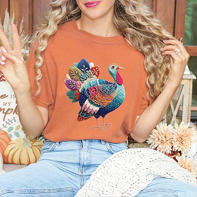 Turkey Patchwork Print - Women's Garment Dyed Graphic T-Shirt