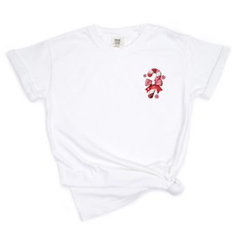 Candy Cane Bow Patchwork Print - Women's Garment Dyed Graphic T-Shirt