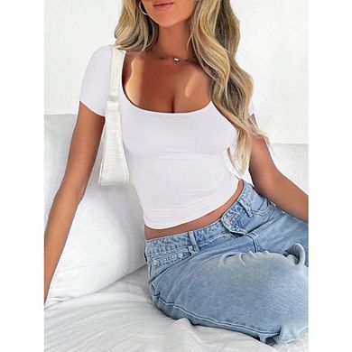 Womens T Shirts Short Sleeve Scoop Neck Basic Going Out Tops Slim Fit Tee Smoke Cloud Pro Collection