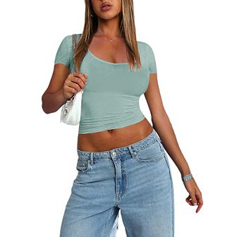 Womens T Shirts Short Sleeve Scoop Neck Basic Going Out Tops Slim Fit Tee Smoke Cloud Pro Collection