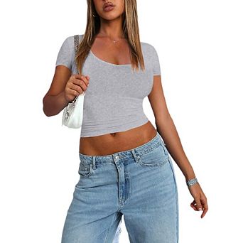 Womens T Shirts Short Sleeve Scoop Neck Basic Going Out Tops Slim Fit Tee Smoke Cloud Pro Collection