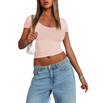 Womens T Shirts Short Sleeve Scoop Neck Basic Going Out Tops Slim Fit Tee Smoke Cloud Pro Collection