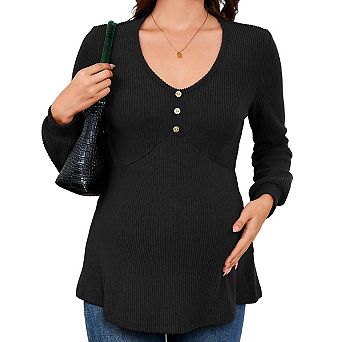 Women's Maternity Shirts Casual Long Sleeve Pregnancy Tops V Neck T-Shirts Blouses With Button