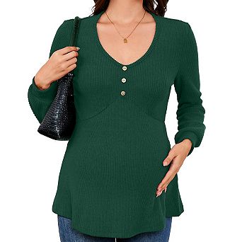 Women's Maternity Shirts Casual Long Sleeve Pregnancy Tops V Neck T-Shirts Blouses With Button