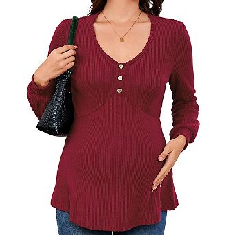 Women's Maternity Shirts Casual Long Sleeve Pregnancy Tops V Neck T-Shirts Blouses With Button