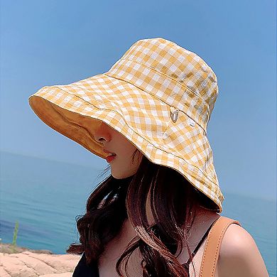 Women's Reversible Checkered Bucket Hat with Chin Strap